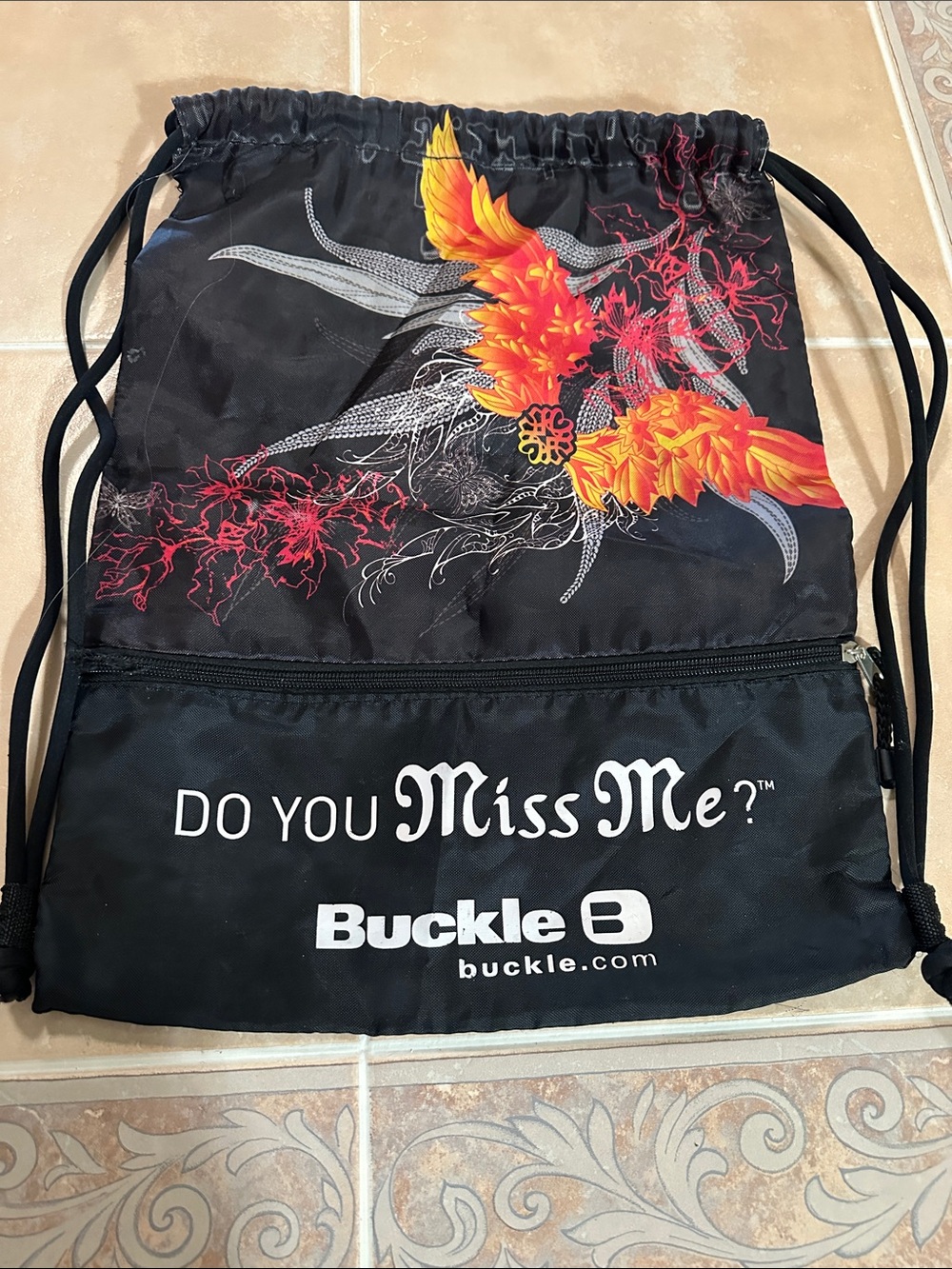 Buckle Black Drawstring Backpack with Orange and Red Wing Graphic